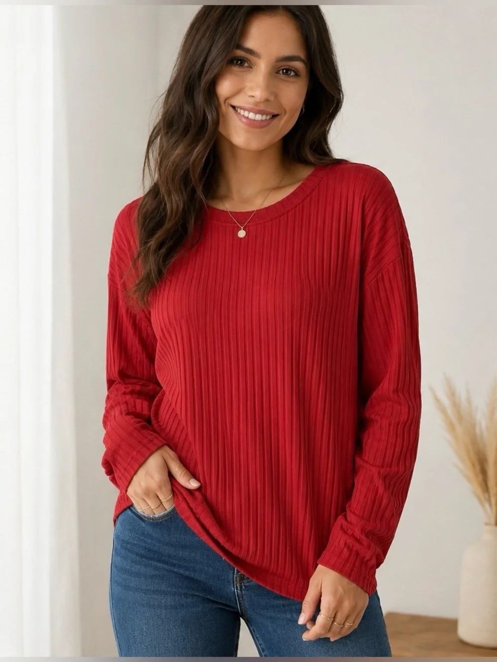 Sky & Wehyd XL Burnt Red Ribbed Long Sleeve Stretch Top
